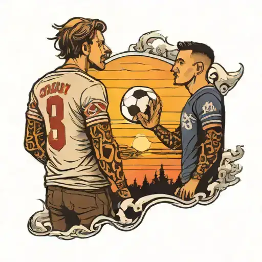 Two Guys Whit Fooball Shirt Facing A Sunset