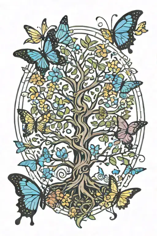 Tree Of Life Surrounded By Butterflies Fluttering