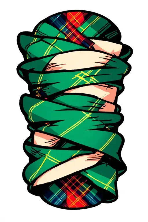 Tartan Fabric Wrapped Around Forearm In Baby Blue Green And Thin Red Lines