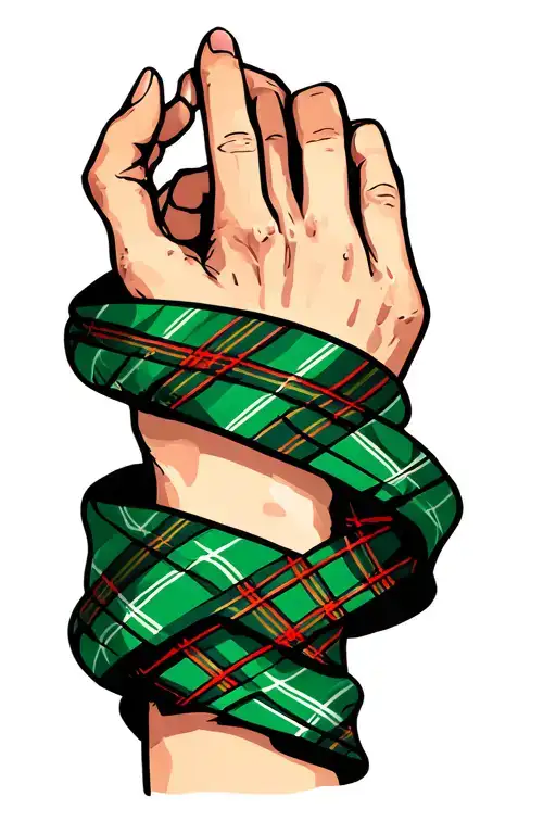 Tartan Fabric Wrapped Around Forearm In Baby Blue Green And Thin Red Lines