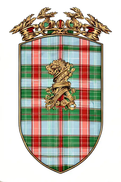 Tartan Fabric Wrapped In Baby Blue Green And Thin Red Lines And A Cathacart Family Shield