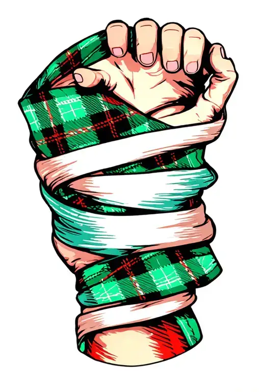 Tartan Fabric Wrapped Around Forearm In Baby Blue Green And Thin Red Lines
