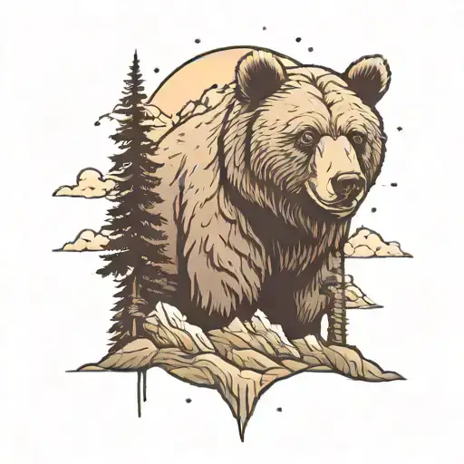 Foggy Mountain Landscape With Bear Head On The Top