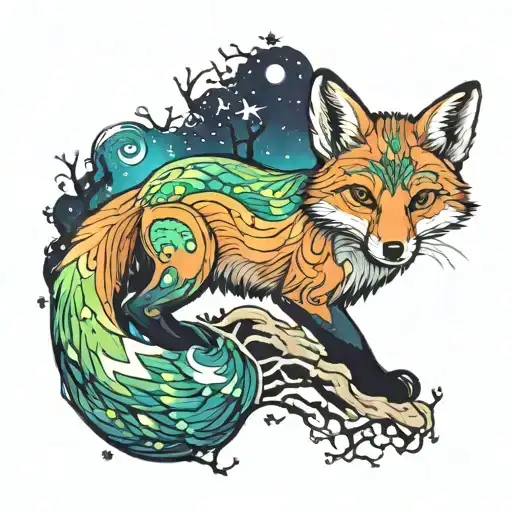 Northern Lights Color Starry Sky With Small Fox On Its Back On The Branch