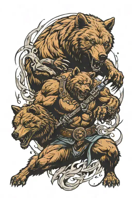 Create A Tattoo Featuring A Bear And A Wolf In A Fierce Battle Scene