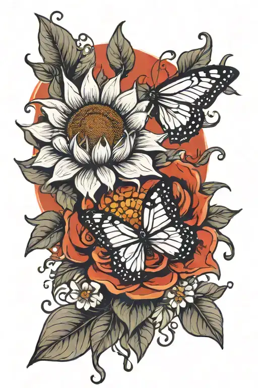 Sun Flower In And Butterflies Under A Red Sun Rising