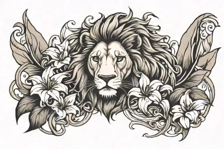 Abstraction Of Lion And Lilies On Shoulder Blades