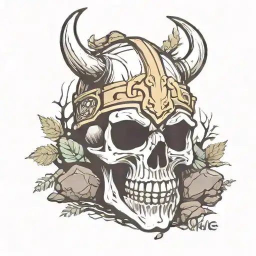 Skull Wearing Viking Helmet Surrounded By Rocks And Trees