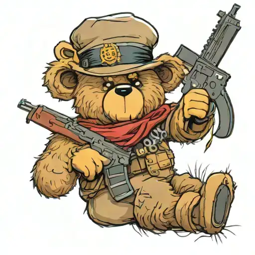 Teddy Bear With An Evil And Kind Face In A Fur Hat And An Ak-47 In His Hands