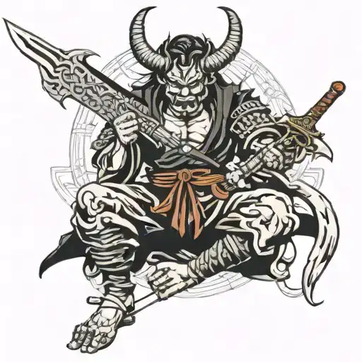 Samuari Sat Down Holding Sword With Demon Face Made