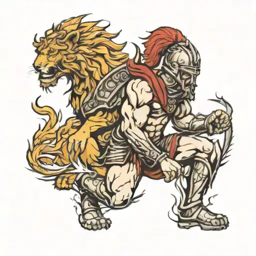Kneeling Spartan Soldier With Flaming Lion Spirit Behind Him