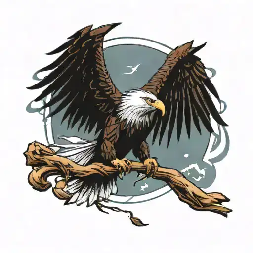 Angry Eagle Sitting On Thin Peek And Small Birds Are Flying Around Him In Low