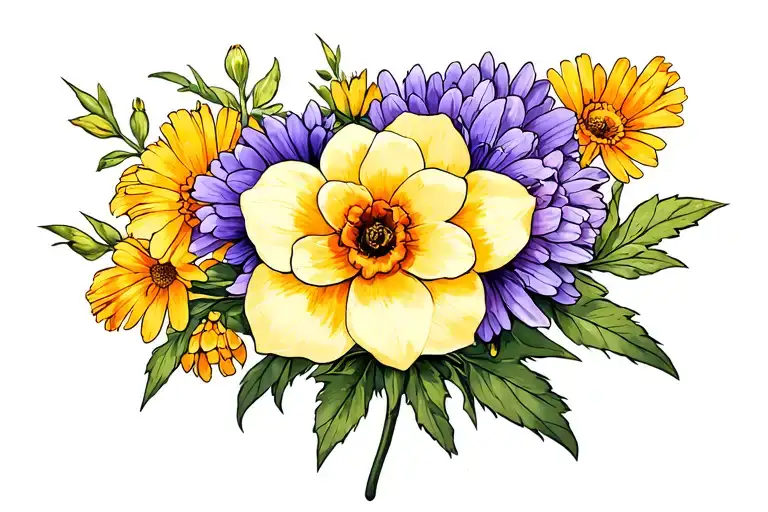 Violet Daffodil Rose Aster Marigold