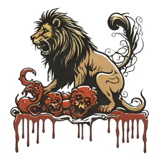 Lion Eating A Wild Animal Body Covered And Blood Dripping