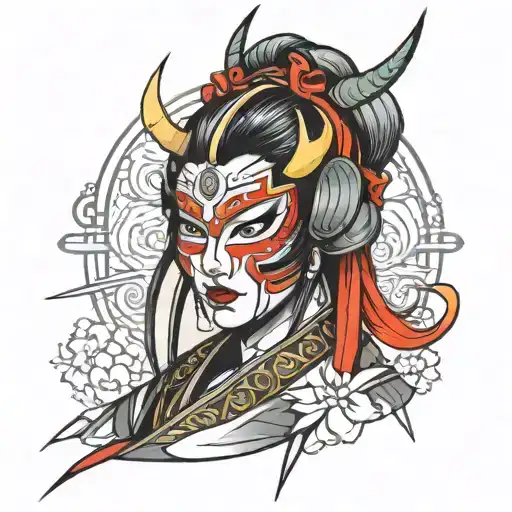Woman Face Neotraditional Style Samurai Mask