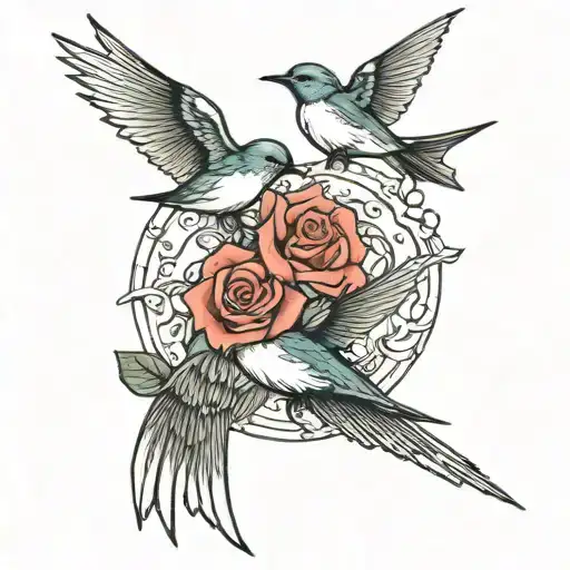 1 Mother Swallow And Two Baby Swallow Flying Above A Mountain Range