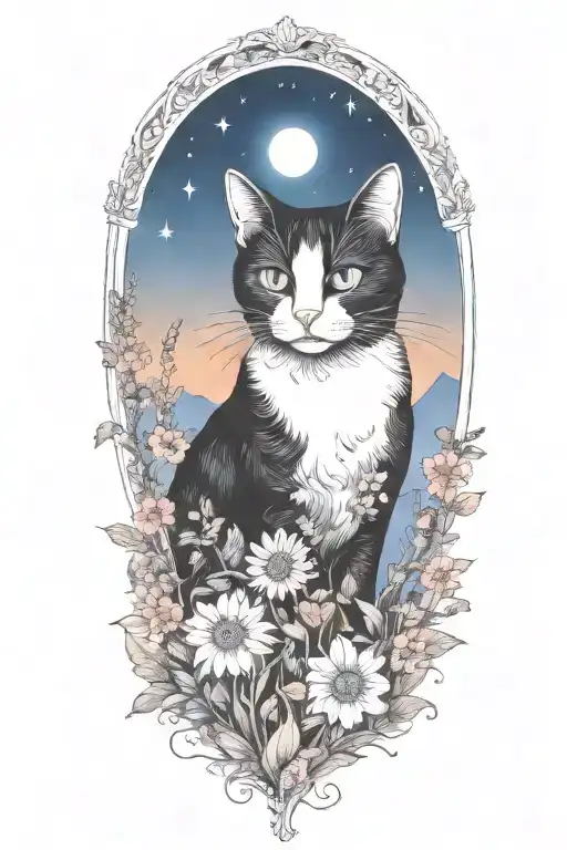 A Black And White Cat Exploring A Field Of Colorful Flowers Under A Starry Night Sky
