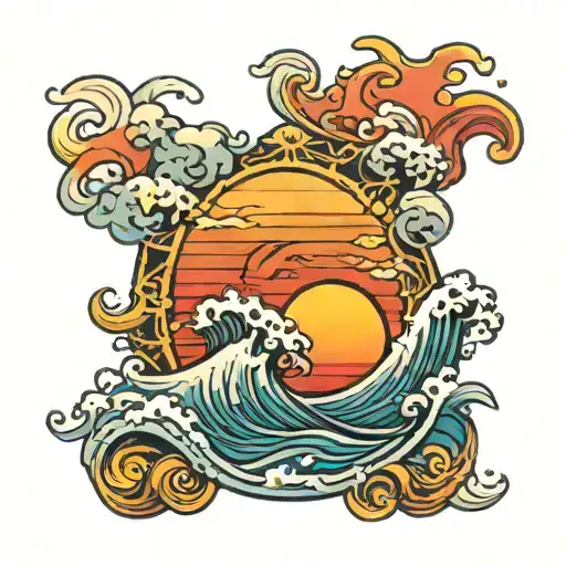 Waves And Sun Rising Colored