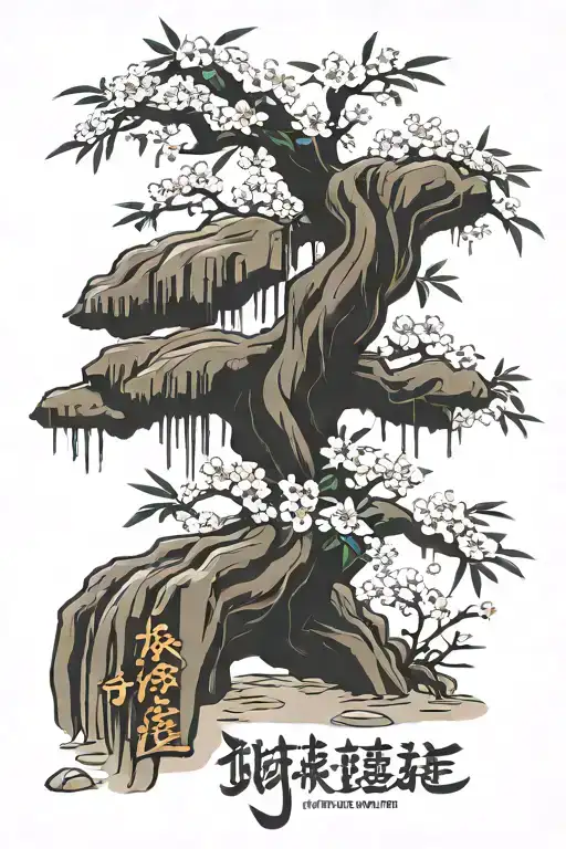 Discipline In Kanji With Bamboo Or Bonsai Tree Or Cherry Blossom