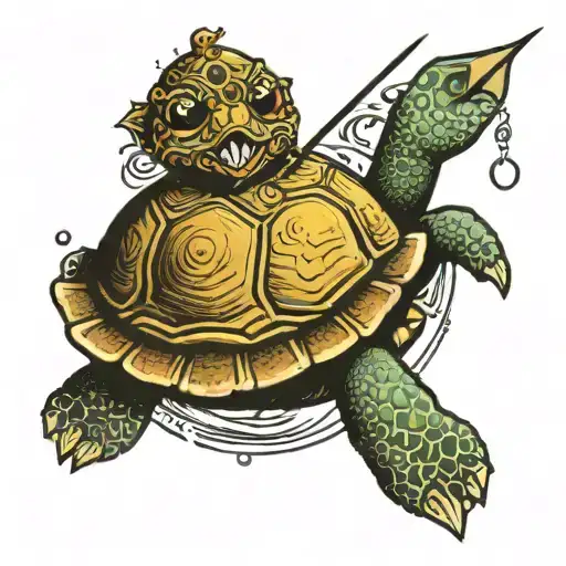 Turtle Swimming And Holding A Trident