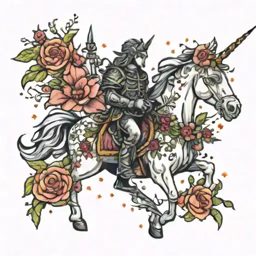 Space Unicorn Warrior Surrounded With Flowers And Galaxy