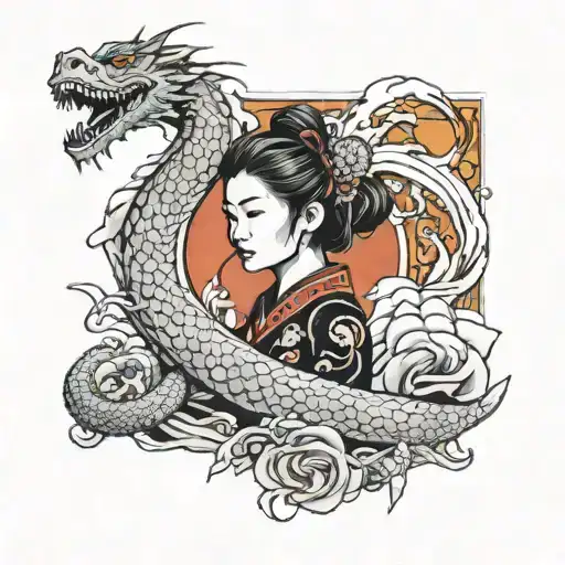 Asian Girl Wrapped By A Dragon On Cosmic Background