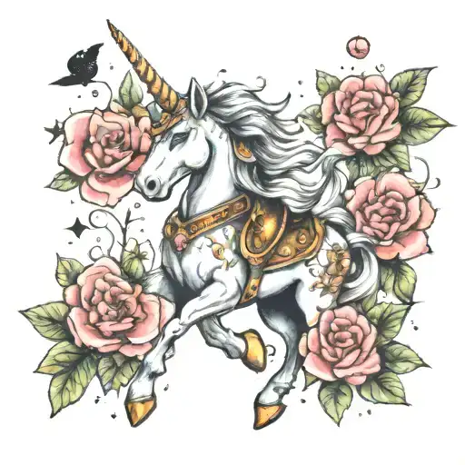 Space Unicorn Warrior Surrounded With Flowers And Galaxy