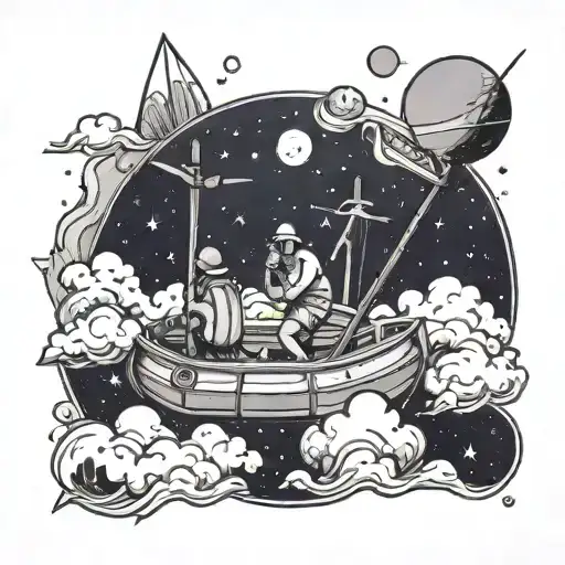 Line Drawing Of A Raft Navigating The Universe With 4 People