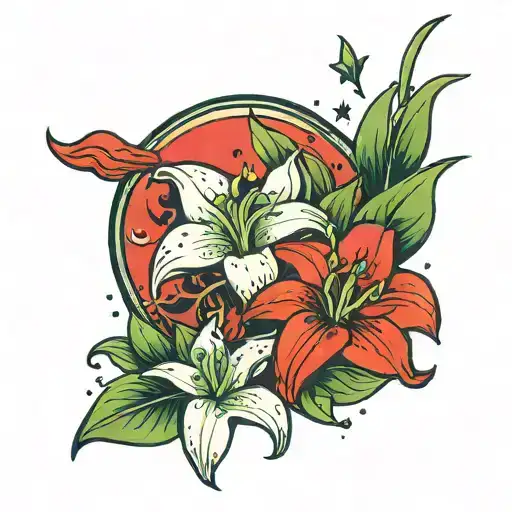 Red Moon With Green Lilly With Blue Stars