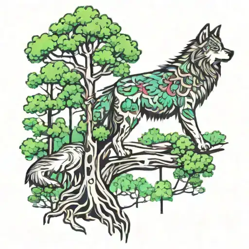 Evergree Trees With Wolf