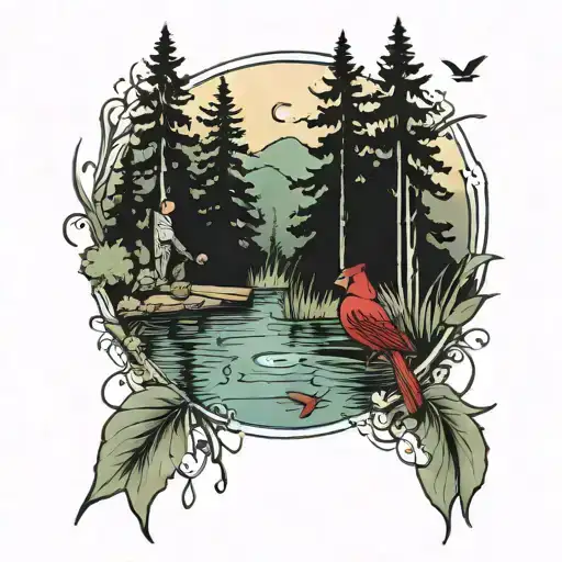 Forrest And Pond With Couple Fishing And Cardinals Flying