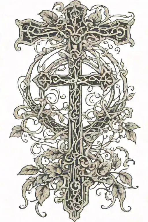 Moon Covered In Vines Wrapped Connected To A Cross Covered In Vines