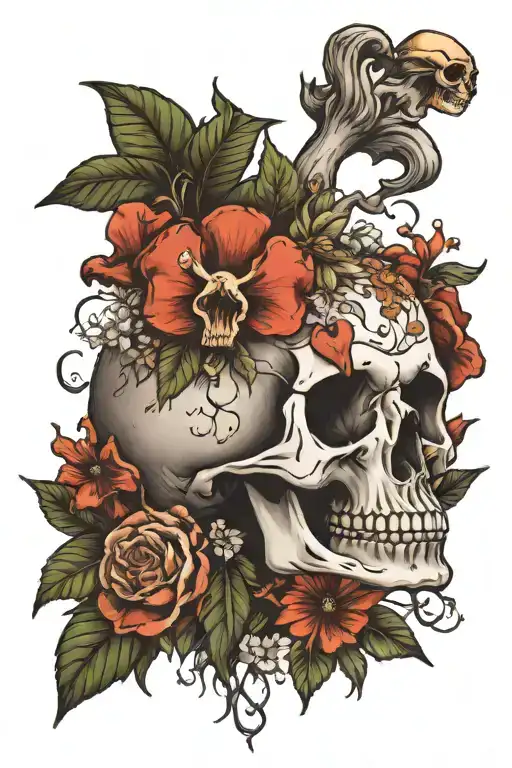Skull And Wildflowers And Mushrooms Growing