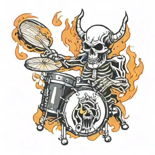 A Skull Playing A Drum Set Surrounded By Flames