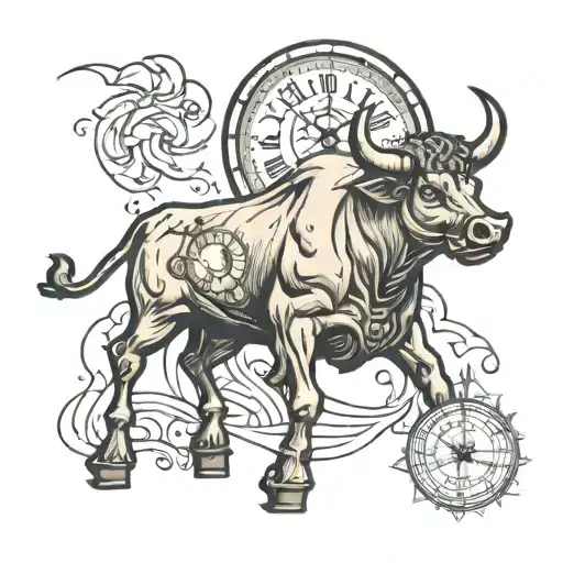 Bull With Full Moon In The Back And A Big Clock With Libra Scale In It