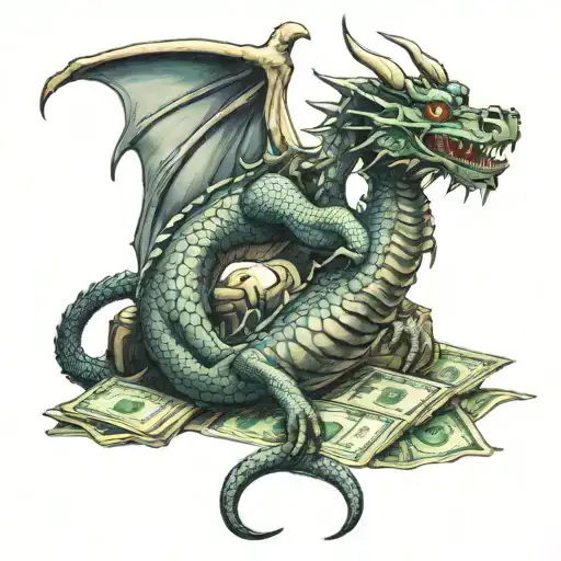 A Tattoo Of A Dragon Tying Up Some Dollar Bills