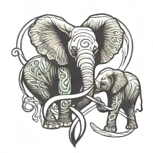 Outline Of Baby And Mama Elephant Trunks Connect Into Heart And Alzheimer's Awareness Ribbon