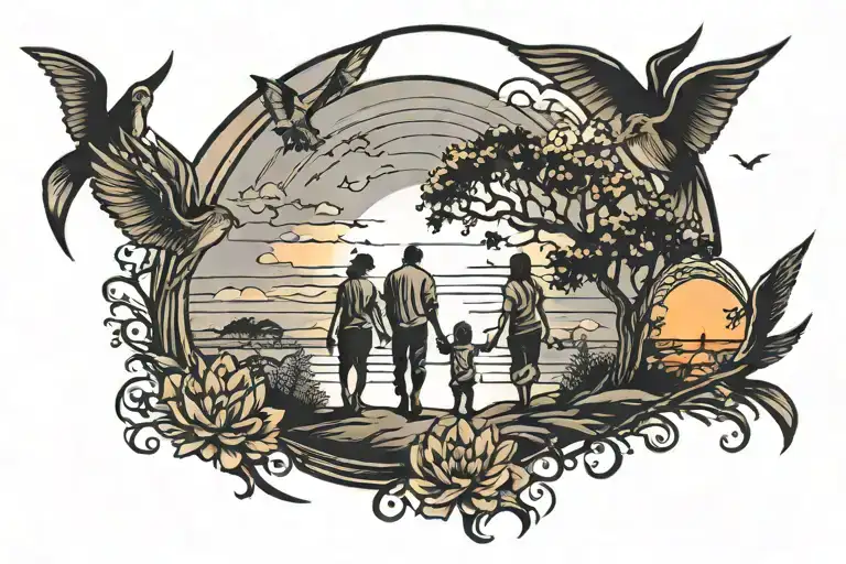 Family Of Six Walkinh Sunset Sky