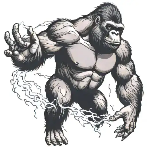 A Gorilla Reaching For The Sky With Lightning Bolts Surrounding It