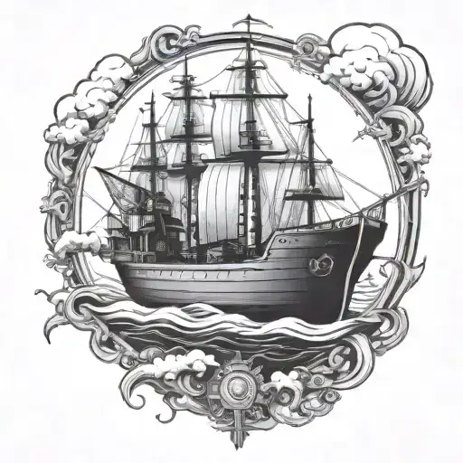 Port Loading Dry Cargo Ship Graphic Black White Sea