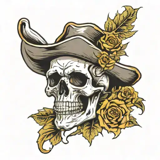 Skull With Cowboy Hat With Rose In Mouth Driving A Pirate Steering Wheel On A Bed Of Sunflowers