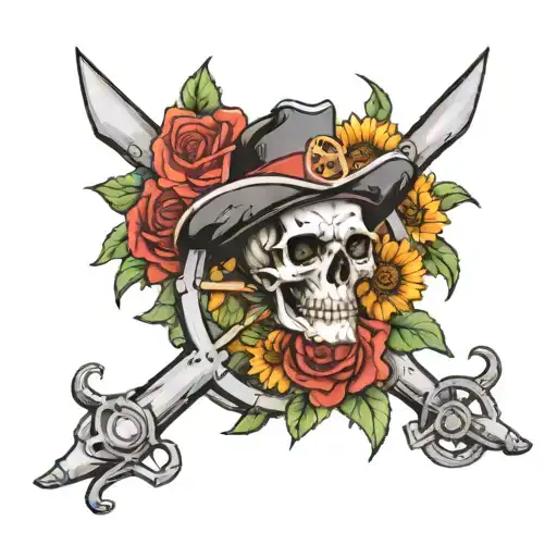 Skull With Firemen Hat With Rose In Mouth Driving A Pirate Steering Wheel On A Bed Of Sunflowers