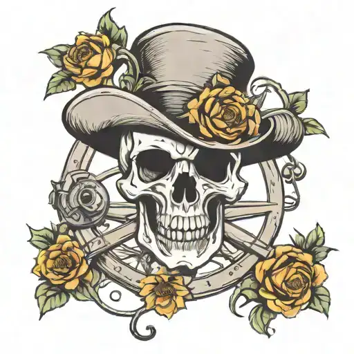 Skull With Tophat With Rose In Mouth Driving A Pirate Steering Wheel On A Bed Of Sunflowers