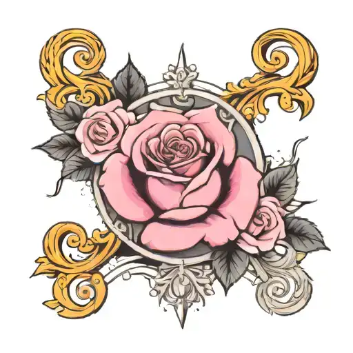 Virgo And Libra Astrological Letters Combined Over Top Black Gray And Pink Roses On The Forearm