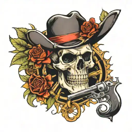 Skull With Cowboy Hat With A Red Rose And On A Bed Of Sunflowers Sterring A Pirate Ship Wheel