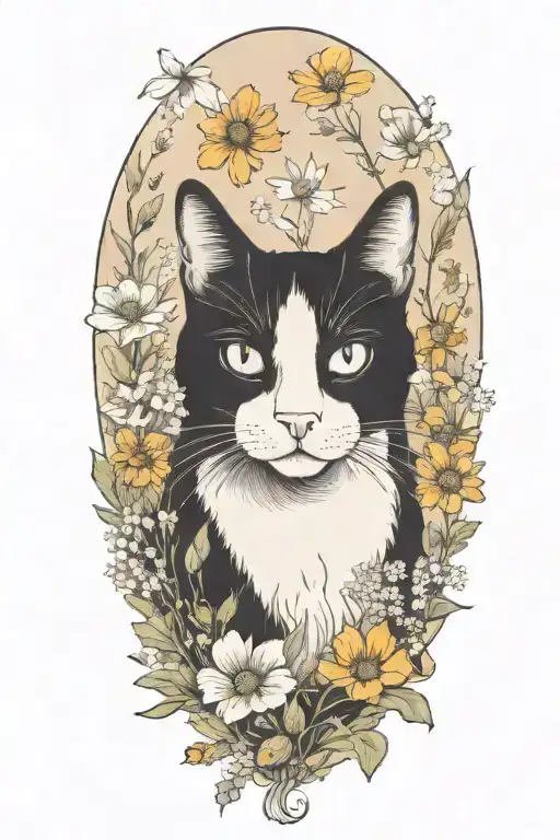 A Black And White Cat Exploring A Field Of Wildflowers