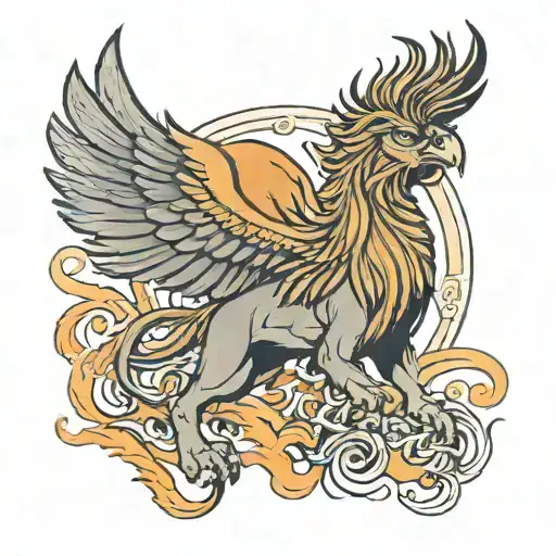 A Pheonix Flying Behind A Lion