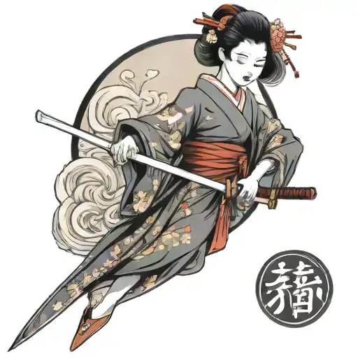Japanese Geisha Holding A Katana
