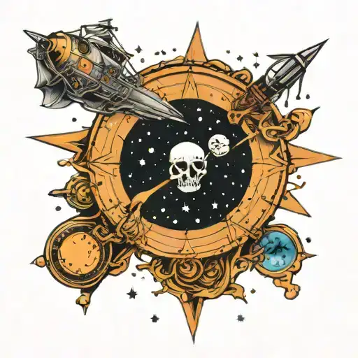 A Rap Around Star Map With A Space Pirate Ship On The Shoulder