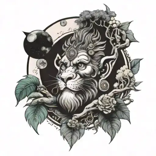 Big People Tree Bottom Meditating Hanuman And Saturn Planet Raising Moon Lion Face